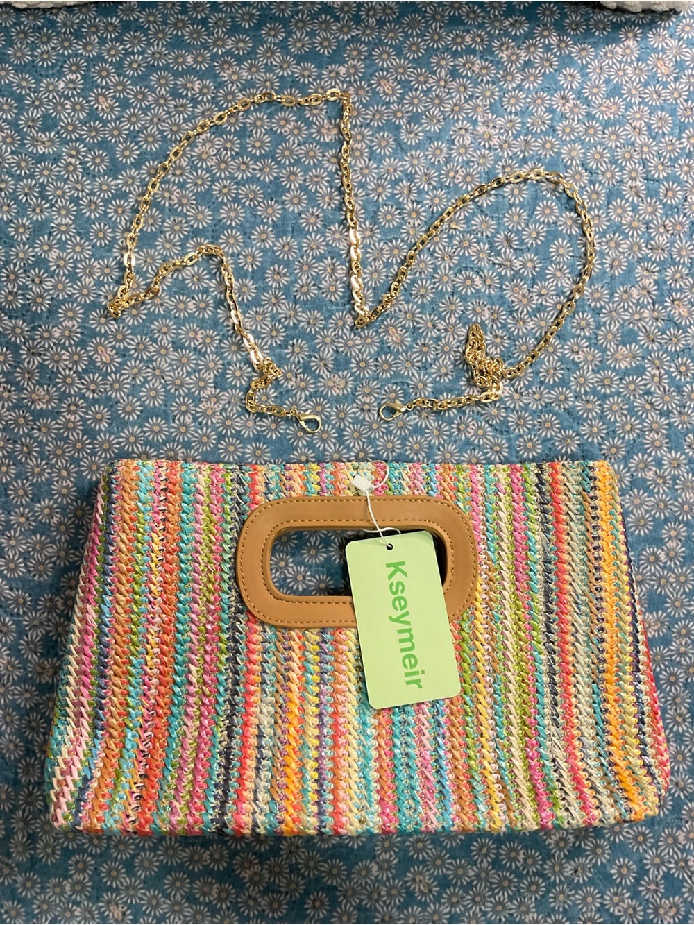 Multicolor Straw Clutch with Tan Trim and Gold Chain